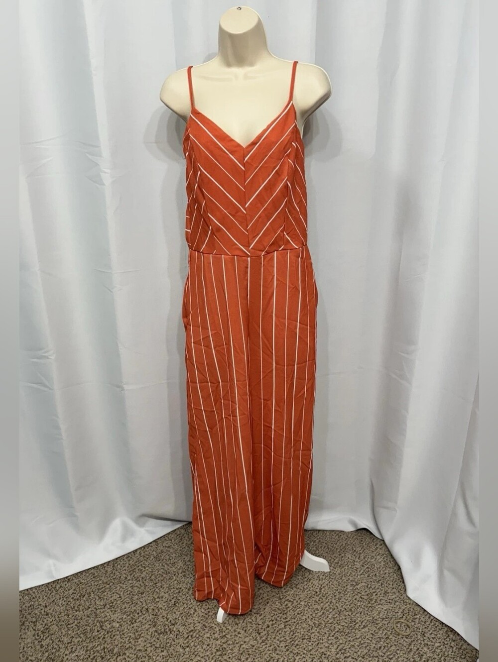 Rust Orange Striped Spaghetti Strap Jumpsuit